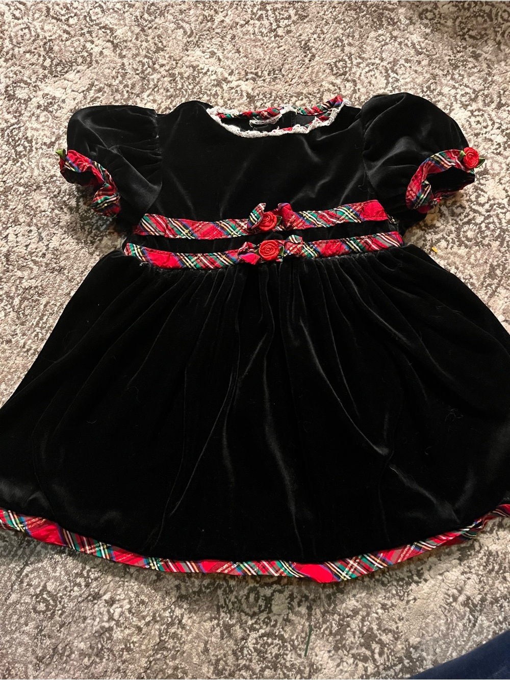 Vintage Black Velvet Holiday Dress with Red Tartan Trim, size 3T
